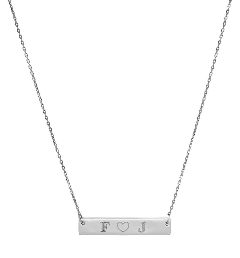 silver bar necklace with initial letters and heart