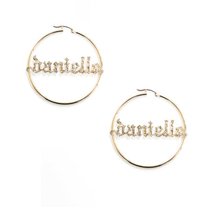 gold iced out gothic name hoop earrings