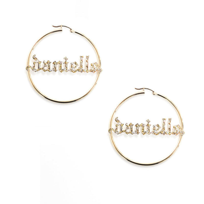 gold iced out gothic name hoop earrings