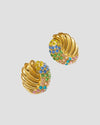 Gold hoop earrings with colorful gemstones on a white background