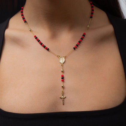 THE RED AND BLACK ROSARY DROP NECKLACE