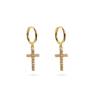 THE ICED OUT HUGGIE CROSS EARRINGS