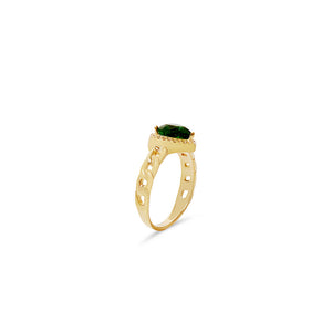 gold heart ring with emerald colored stone