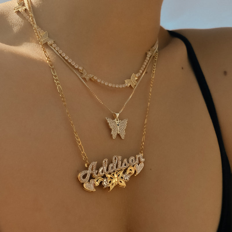 THE BUTTERFLY FLOWER NAMEPLATE NECKLACE