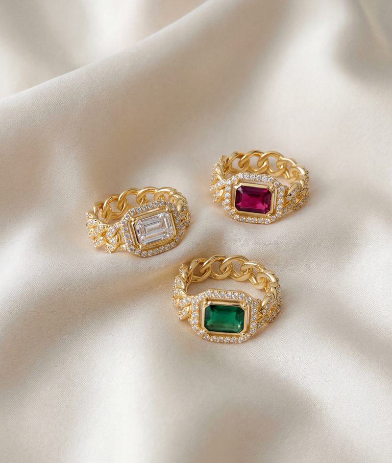 The Halo Colored Stone Cuban Link Chain Ring