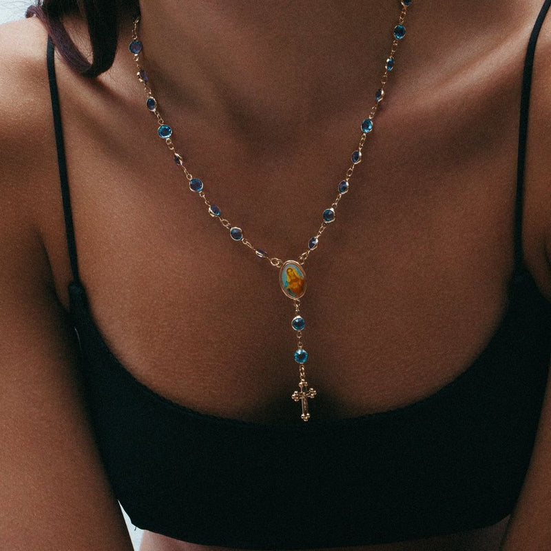 THE MARY BLUE STONE ROSARY NECKLACE