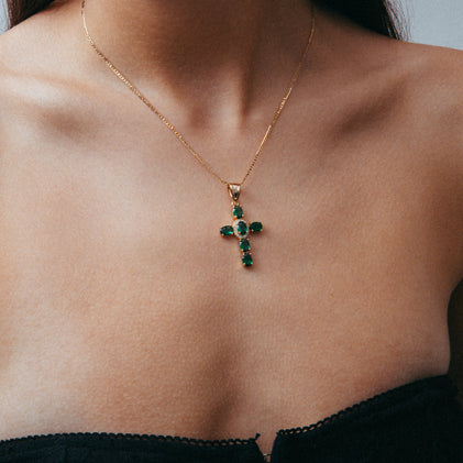 THE GREEN ICED OUT CROSS PENDANT NECKLACE