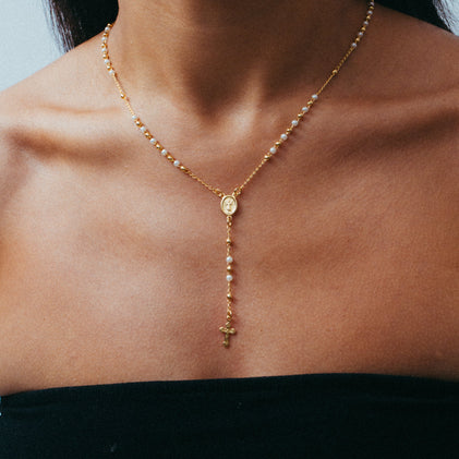 THE PEARL MARY ROSARY CROSS NECKLACE