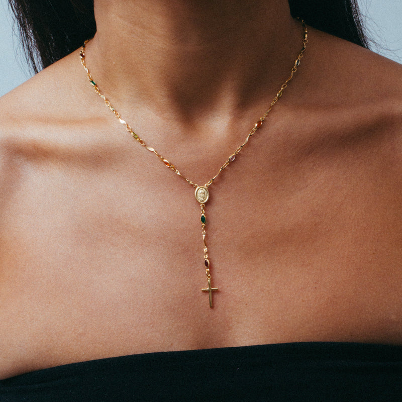 THE COLORED STONE ROSARY CROSS NECKLACE