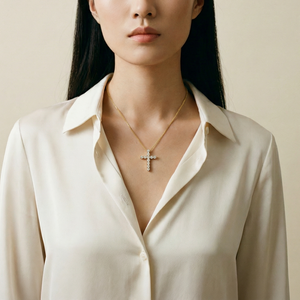 Woman wearing a white shirt and gold necklace with a cross pendant on a beige background