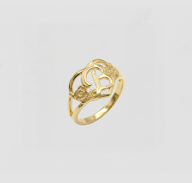 THE GOLD CUTOUT FLOWER HEART LETTER RING