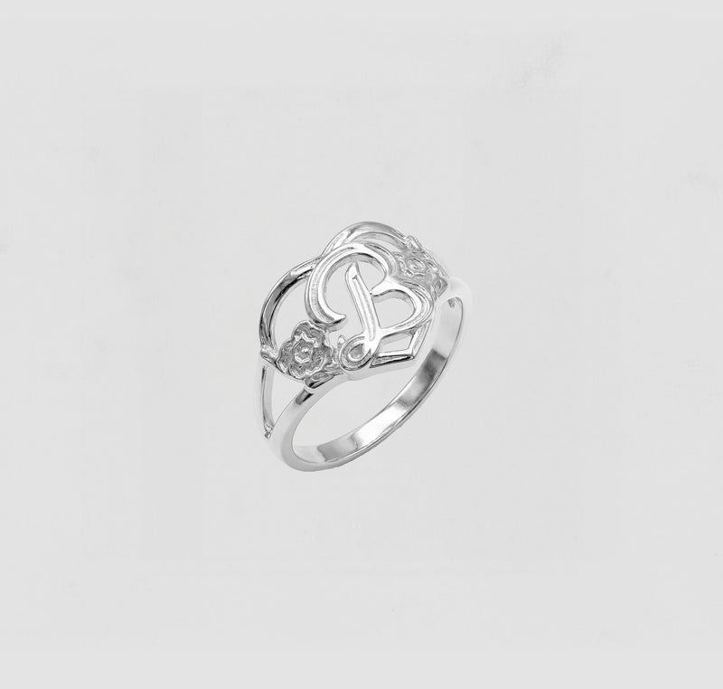THE SILVER CUTOUT FLOWER HEART LETTER RING