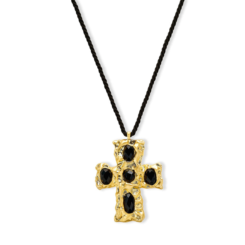 black glass gold plate cross necklace