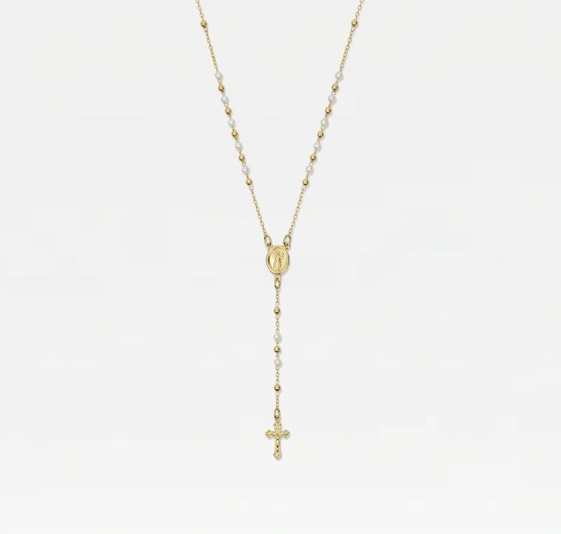 The Pearl Mary Rosary Cross Necklace