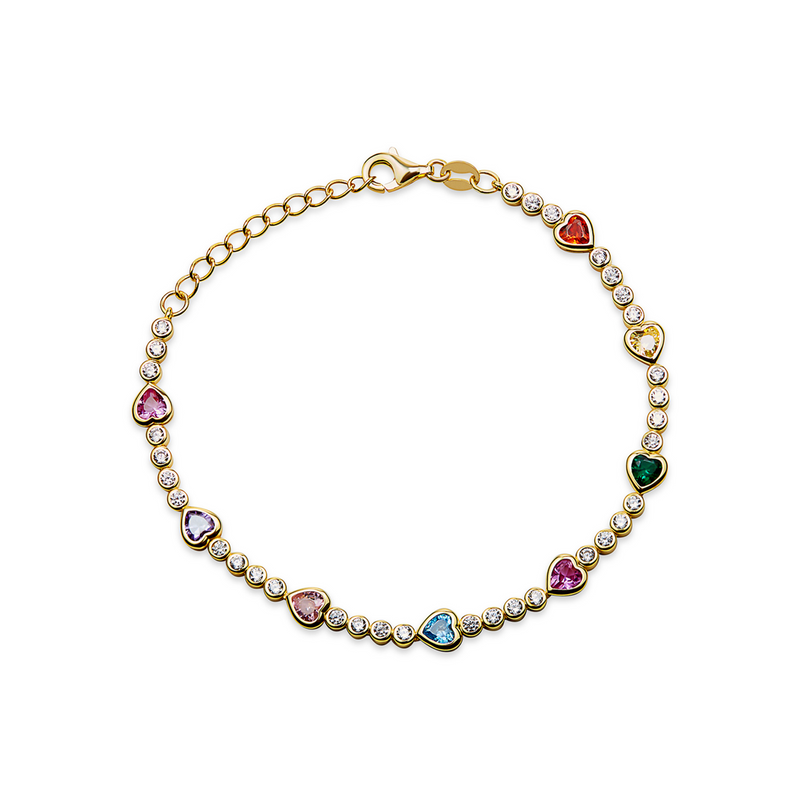 gold tennis bracelet with colorful hearts
