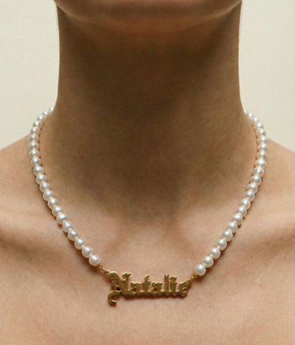 The Old English Pearl Nameplate Necklace