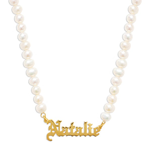 old english nameplate pearl necklace