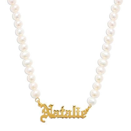 old english nameplate pearl necklace