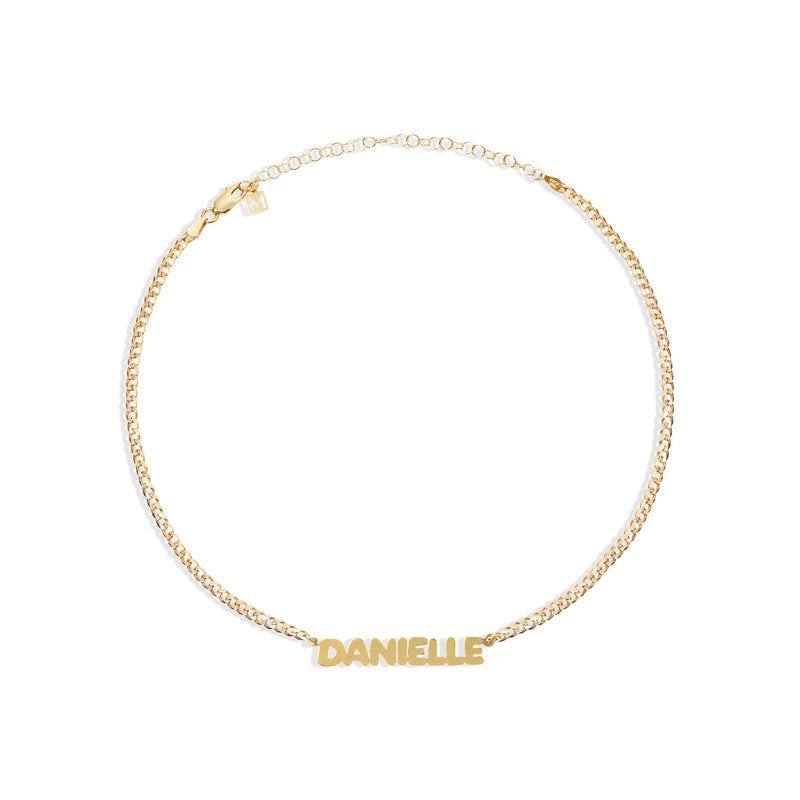 gold bubble letter nameplate curb chain necklace
