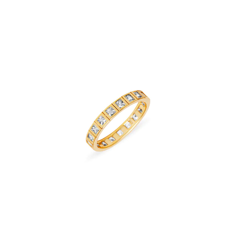 gold eternity band ring with zirconia stones