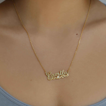gold single cut flower nameplate necklace