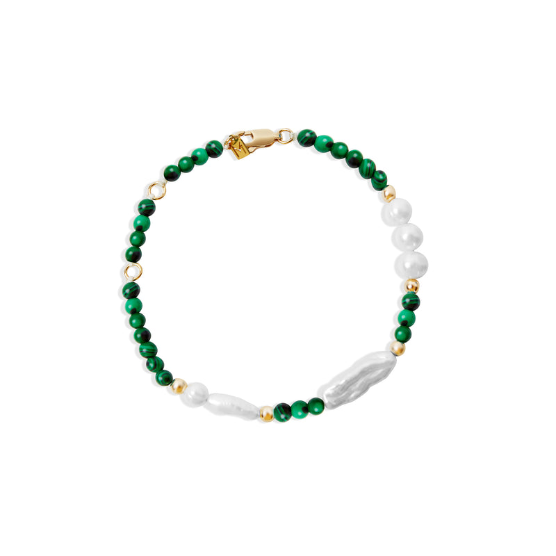 heavens sake bracelet with malachite and fresh water pearls