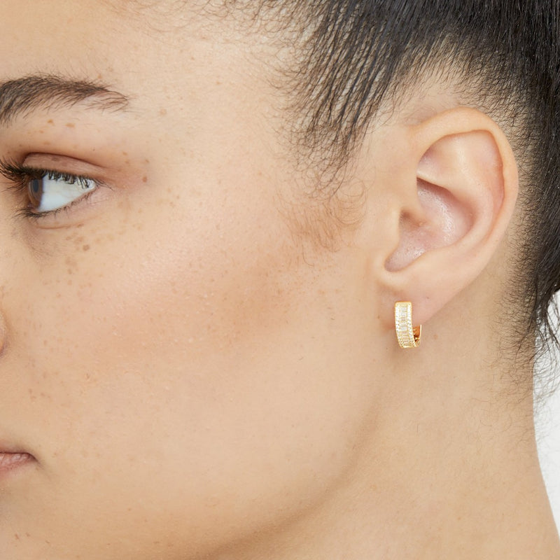 gold channel set huggie earrings