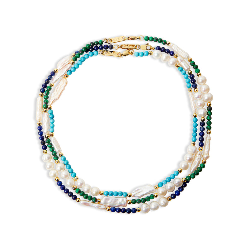 lapis, turquoise, malachite bead necklace with freshwater pearls