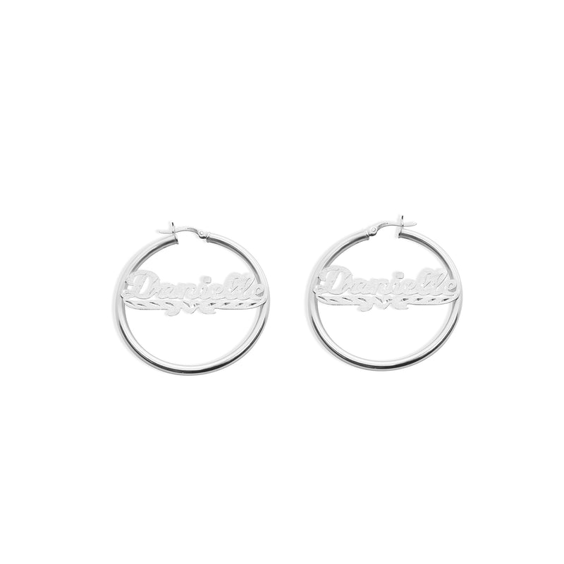 diamond cut silver heart name hoop earrings