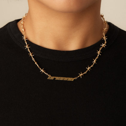 gold barbwire name necklace