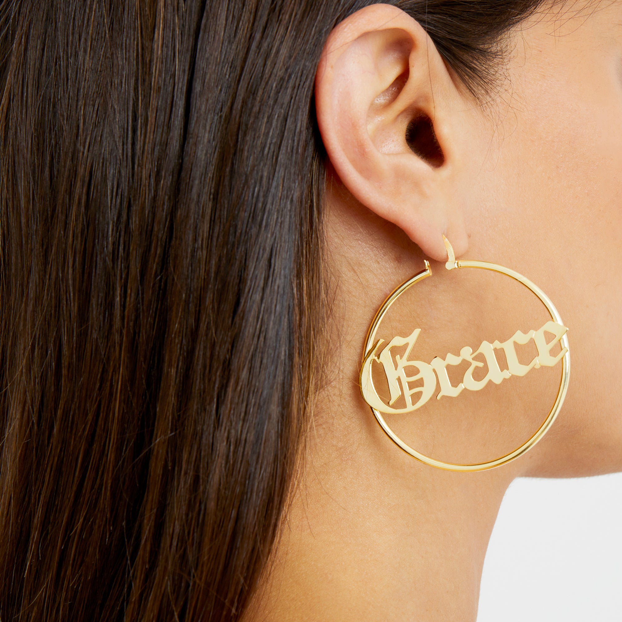 Large gold hoop earrings with clearance name