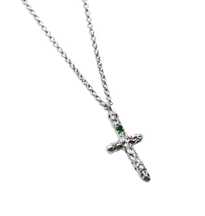 silver cross pendant chain necklace with hammered colored stones