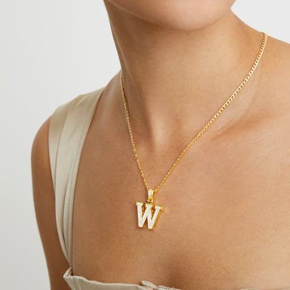 The Half Stone Initial Necklace - Finish : Lapis - Letter : W - The M Jewelers