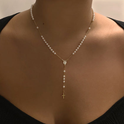rosary cross pearl necklace