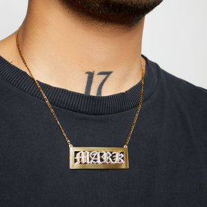 gold boxed nameplate necklace with iced out letters