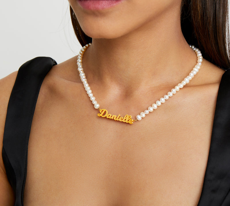gold nameplate pearl necklace