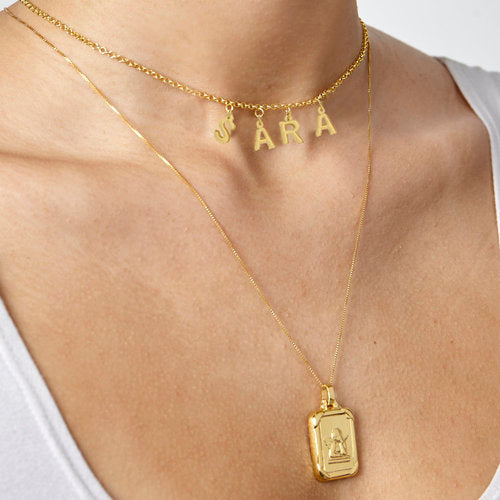 gold hanging capital letter choker necklace
