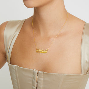 gold nameplate necklace with heart