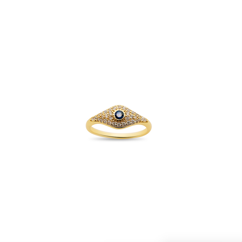 pave evil eye ring with blue colored stone