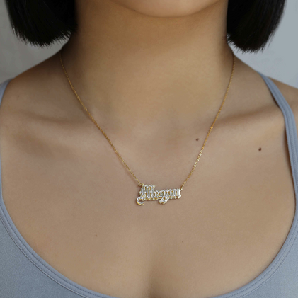 two tone old english nameplate necklace