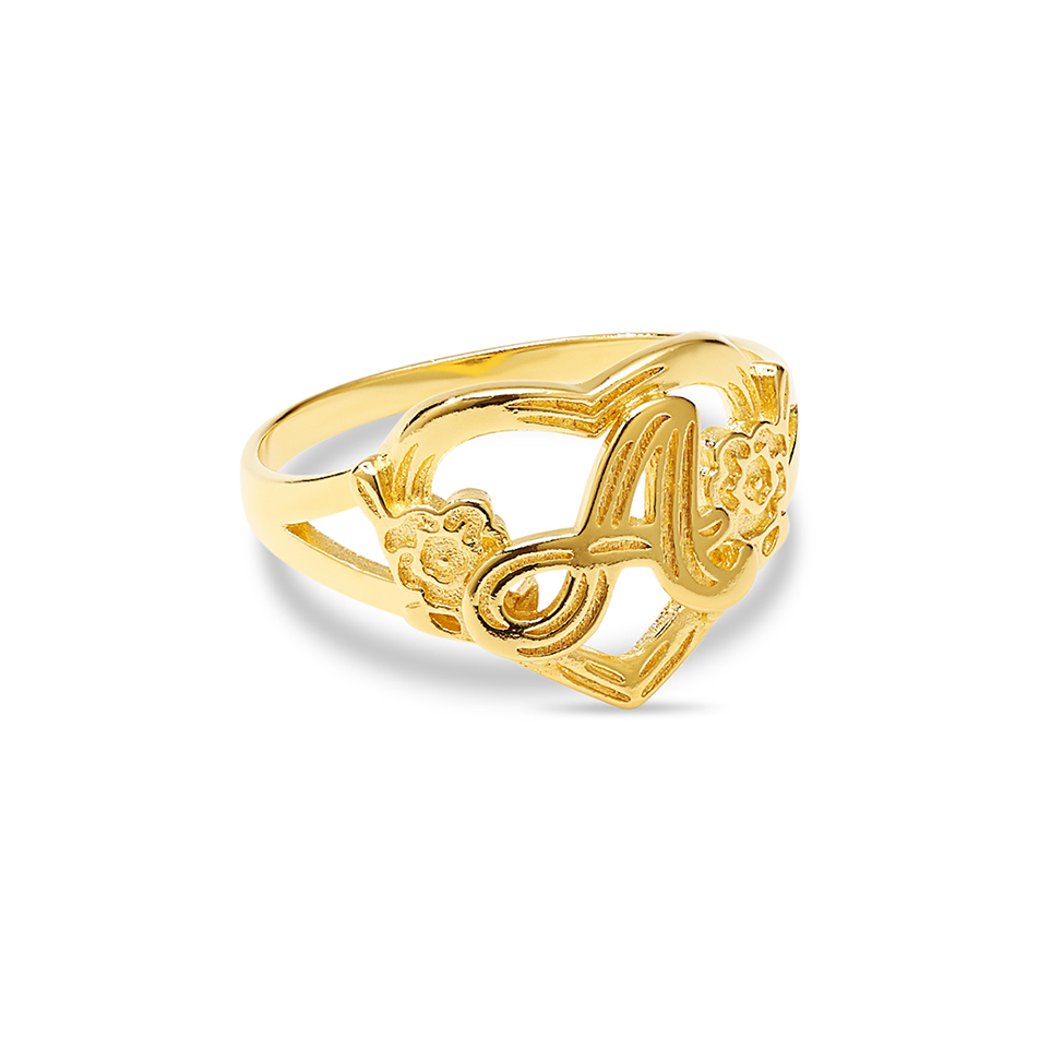 cz alloy Gold plated Valentine collection Initial '' M '' Letter with heart  ring alphabet collection with Scented Velvet Rose Ring Box for women and  girls and your Valentine.