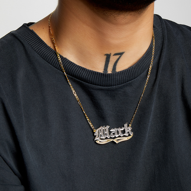 THE OLD ENGLISH FIGARO CUT CLASSIC NAMEPLATE NECKLACE  (CHAPTER II BY GREG YÜNA X THE M JEWELERS)