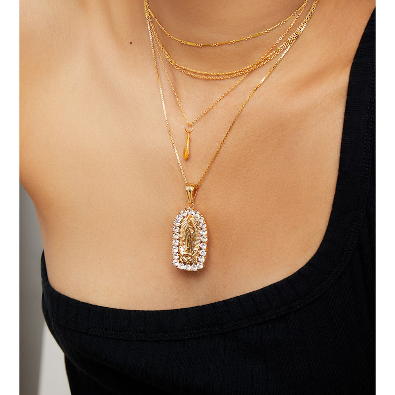 gold pave mary pendant necklace with zirconia