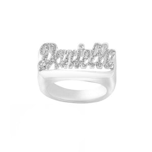silver iced out classic name ring