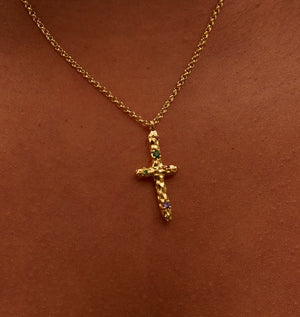 gold cross pendant chain necklace with hammered colored stones