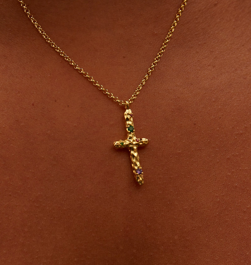 gold cross pendant chain necklace with hammered colored stones