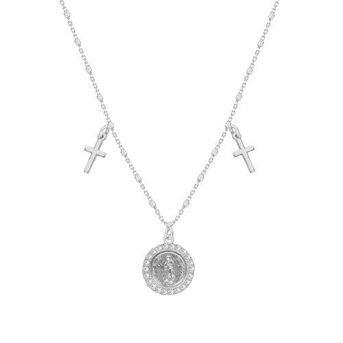 silver two cross one medal choker necklace