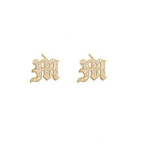iced out gothic initial letter stud earrings