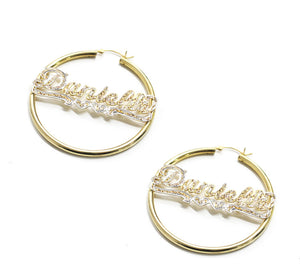 gold iced out name hoop earrings