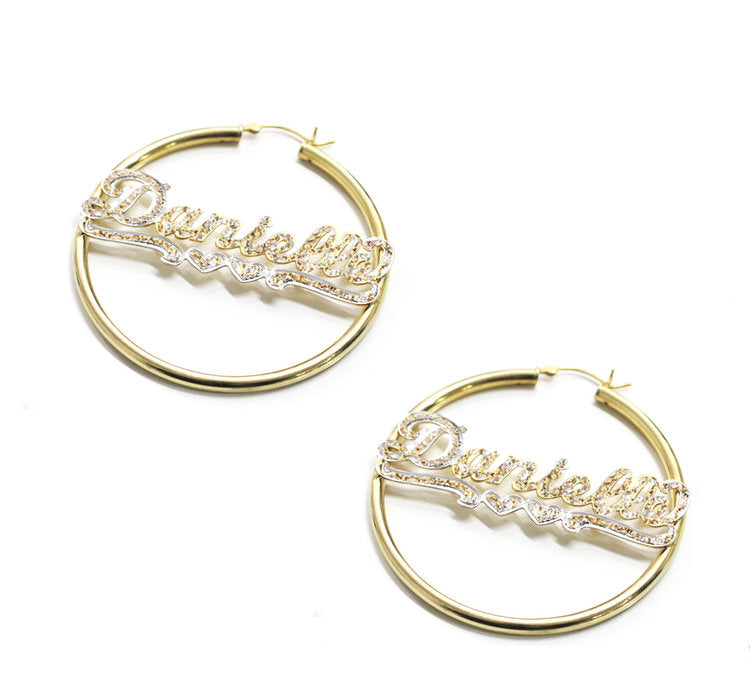 gold iced out name hoop earrings